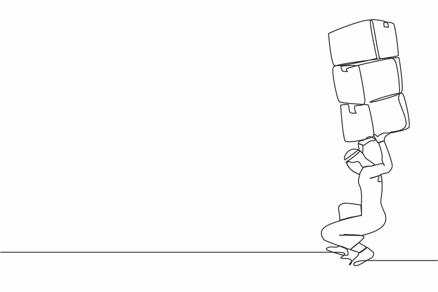 Single continuous line drawing Arabian businessman carrying heavy pile of boxes on his back. Stress at work. Bureaucracy, paperwork, big data concept. One line draw graphic design vector illustration