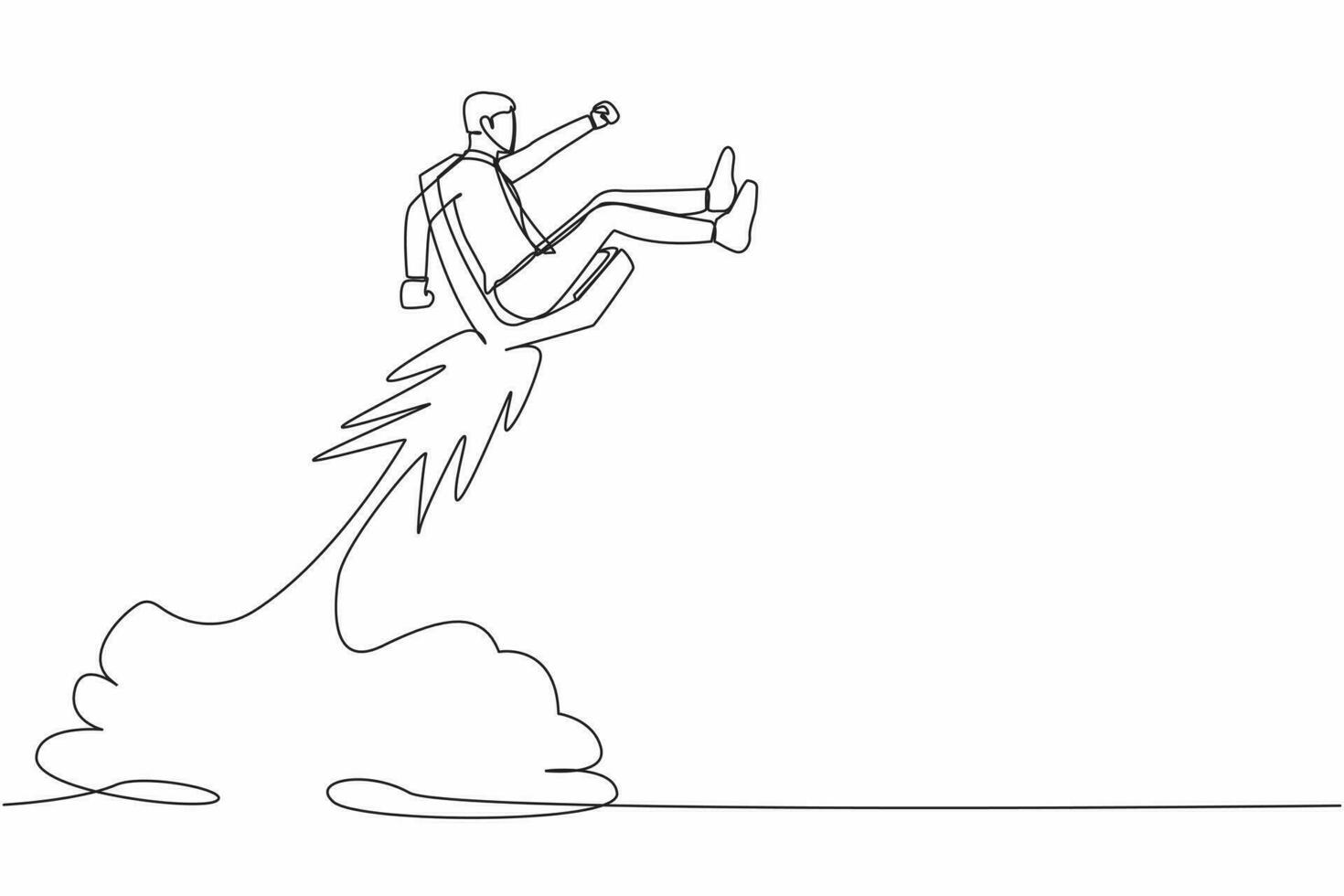 Single one line drawing of businessman riding office chair rocket flying in the sky. Boost your career development, job promoted to higher position. Continuous line design graphic vector illustration