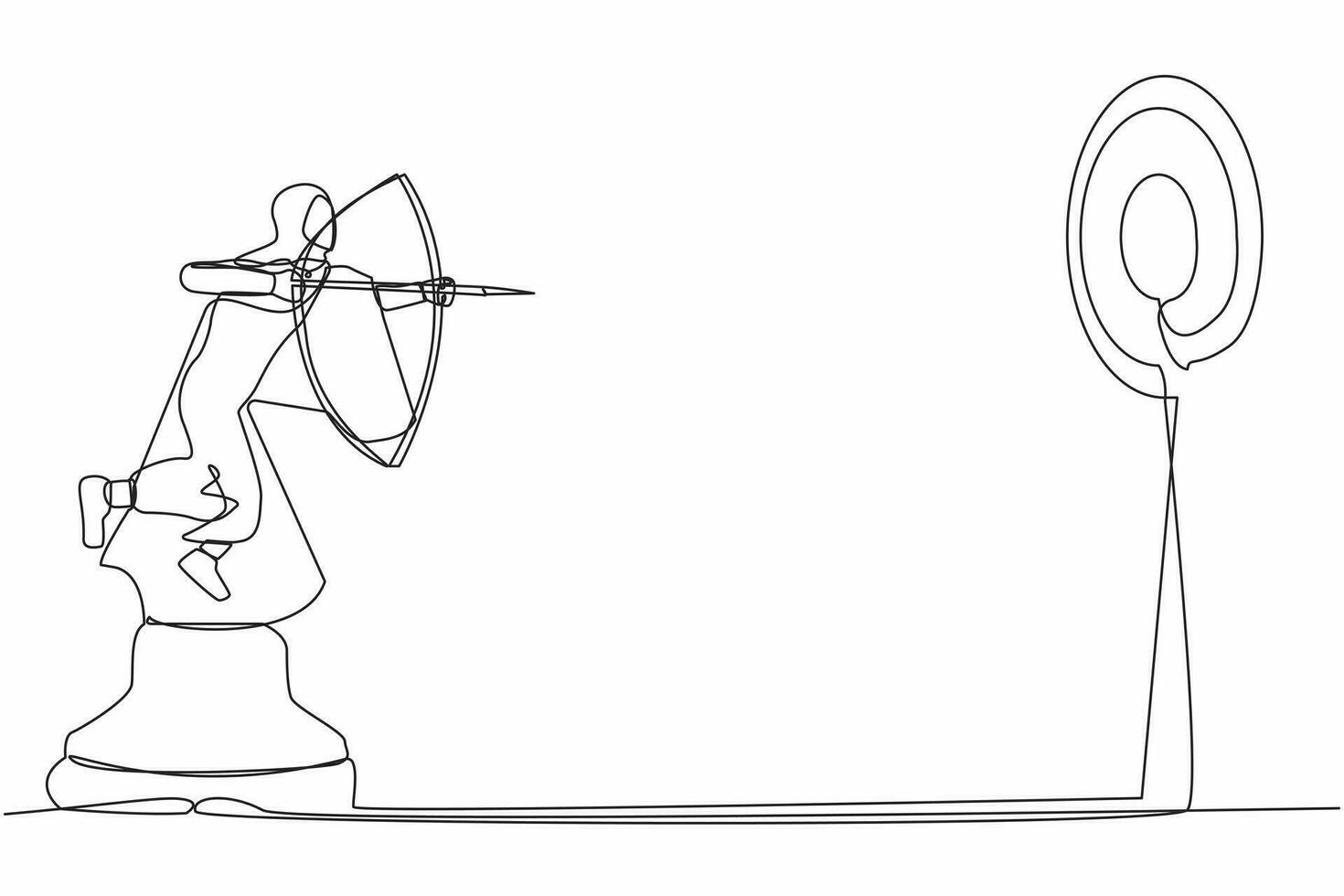 Single one line drawing accuracy Arab businesswoman holding archery and aiming target while riding horse chess piece. Strategic move for winning competition. Continuous line design vector illustration