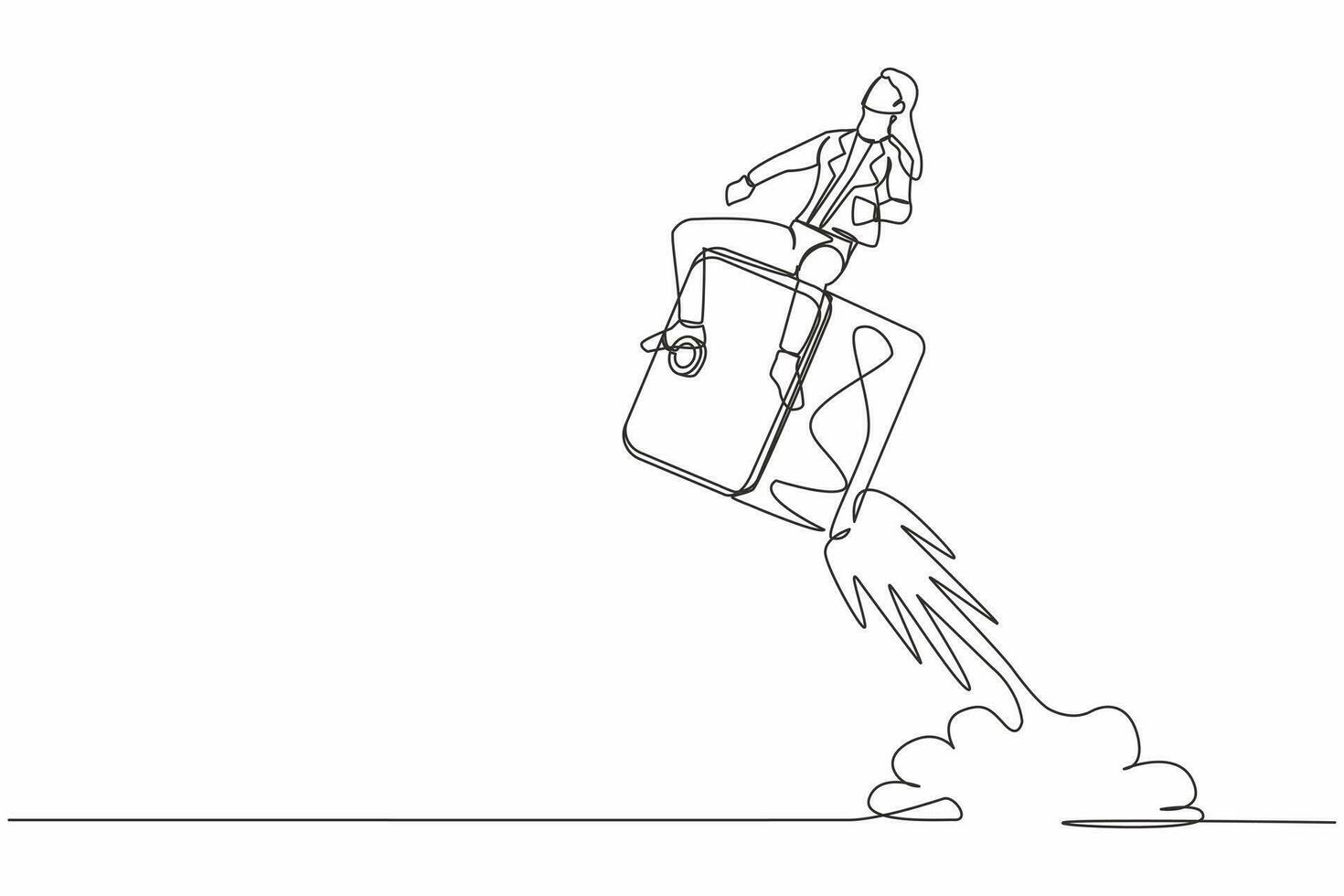 Continuous one line drawing businesswoman riding safe deposit box rocket flying in sky. Keeping money in bank, protecting savings in safe. Secure finance. Single line draw design vector illustration