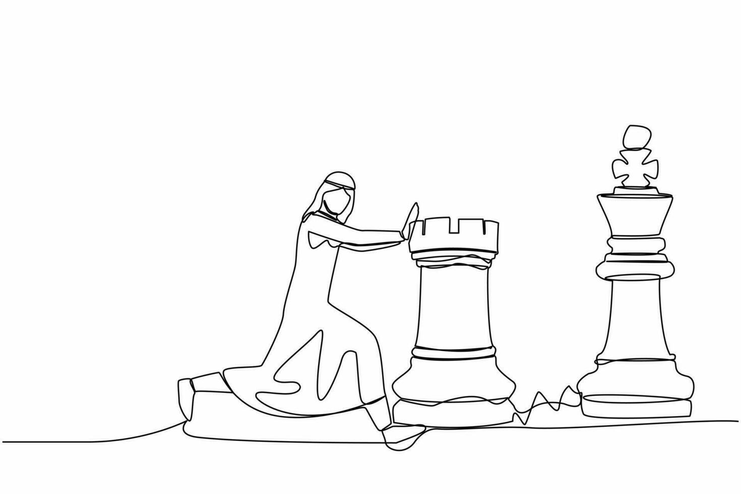 Single one line drawing competitive Arab businessman push huge rook chess piece to beat king. Business strategy and marketing plan. Strategic move. Continuous line design graphic vector illustration