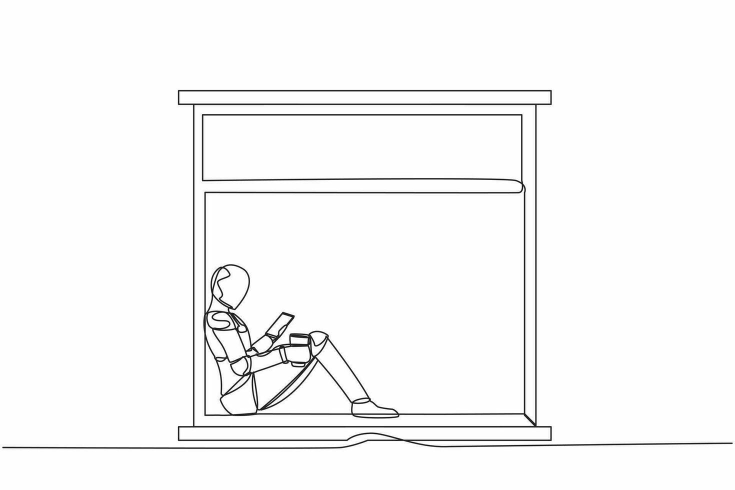 Single continuous line drawing robot sitting on windowsill with smartphone and coffee. Comfortable relax time with hot drink. Future technology development. One line graphic design vector illustration