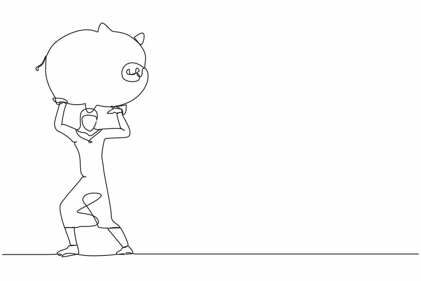 Single one line drawing Arab businesswoman carrying heavy piggy bank on her back. Broke or financial problem due to pandemic. Searching money in crisis. Continuous line draw design vector illustration