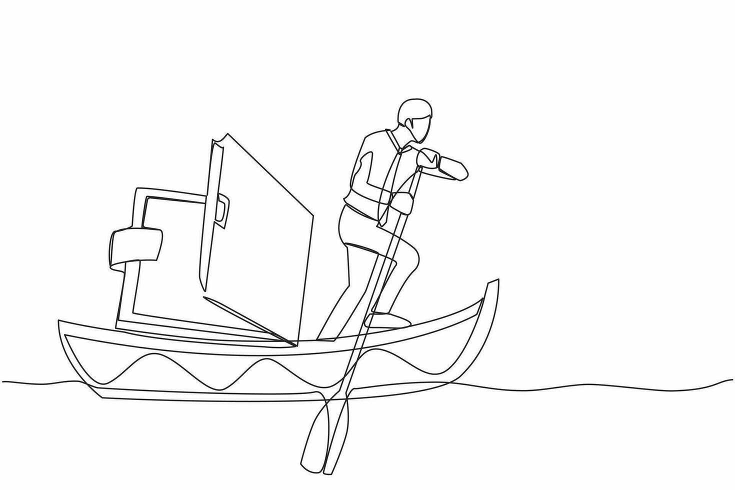 Continuous one line drawing businessman sailing away on boat with wallet. Office worker with financial problem due to economic crisis. Lack of paper money. Single line draw design vector illustration