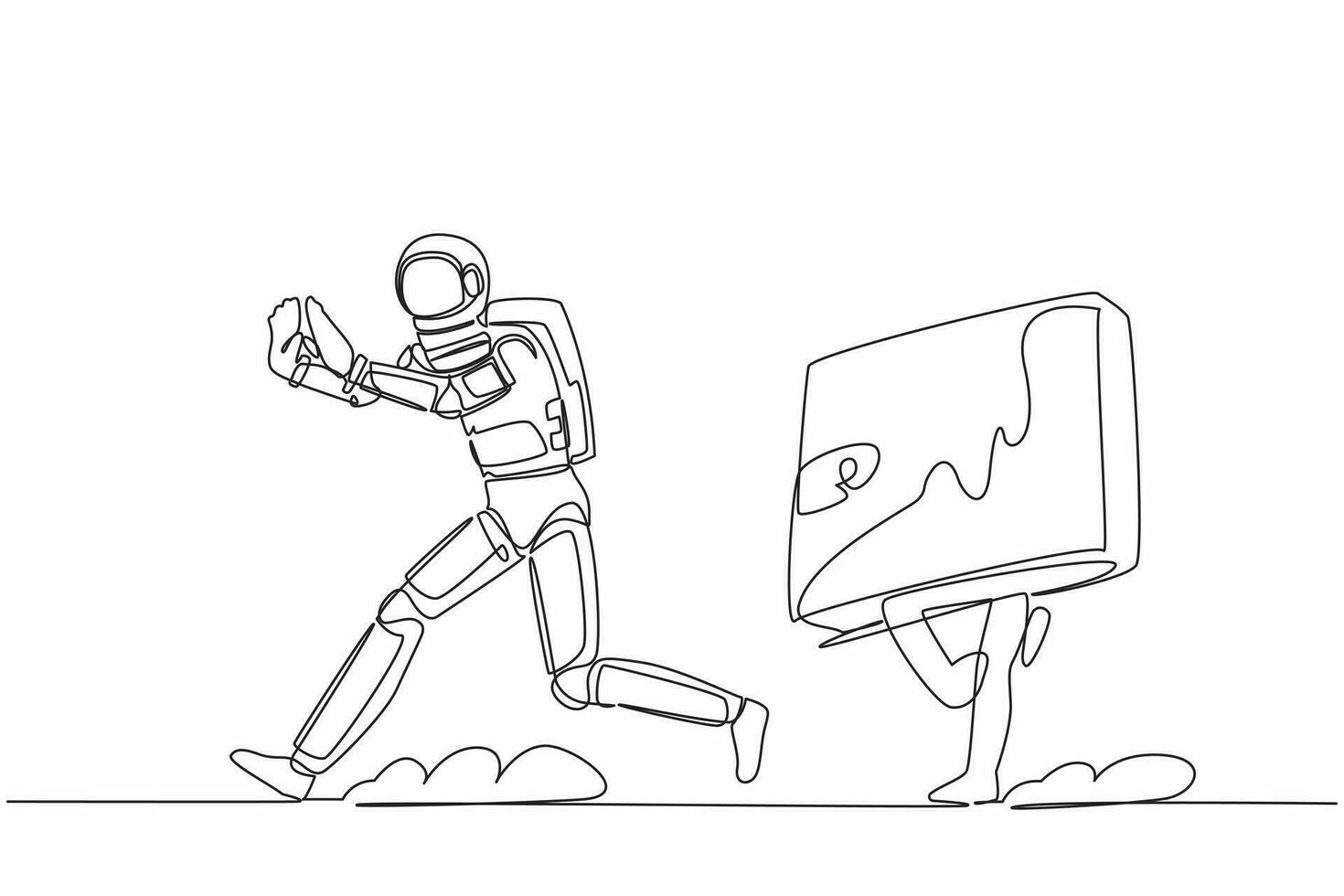 Continuous one line drawing astronaut being chased by wallet. Losing money and business profit in spaceship technology industry. Cosmonaut outer space. Single line graphic design vector illustration
