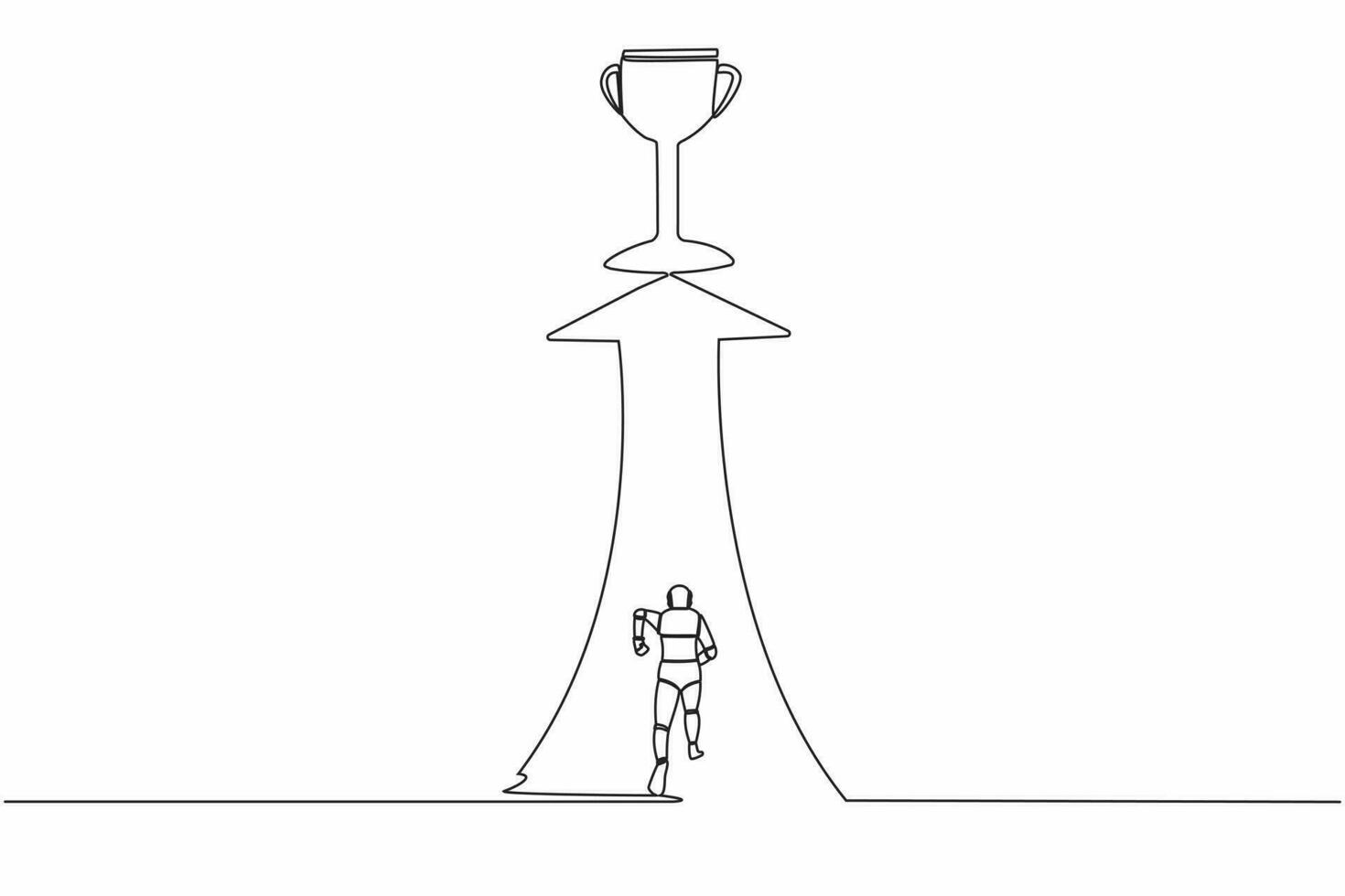 Continuous one line drawing of robot running and reach for trophy. Ability to win concept. Humanoid cybernetic organism. Future robotic development. Single line draw design vector graphic illustration