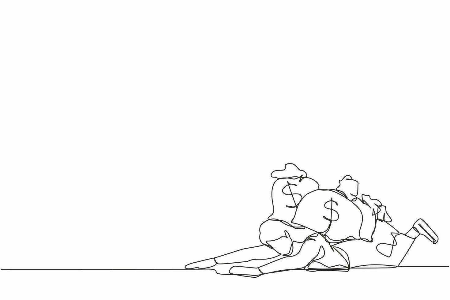 Continuous one line drawing unhappy businesswoman under heavy money bag burden. Stressed entrepreneur difficulty making money. Financial crisis due to pandemic. Single line design vector illustration