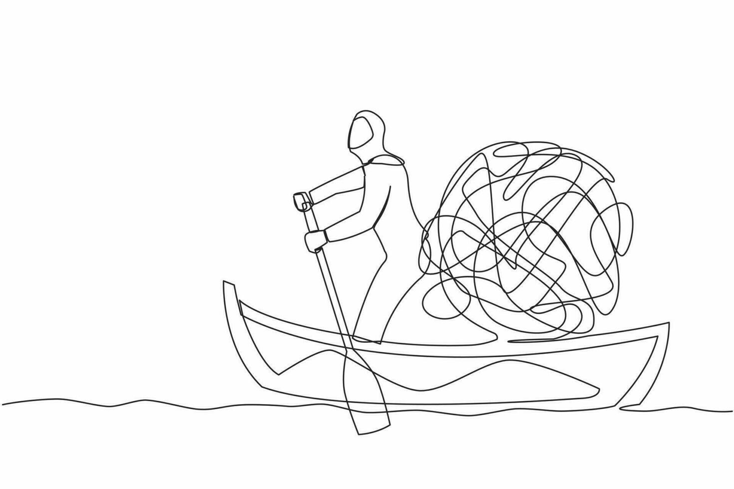 Single one line drawing Arab businesswoman standing in boat and sailing with messy mind ball round structure. Stressful, anxiety, psychological problem. Continuous line design vector illustration