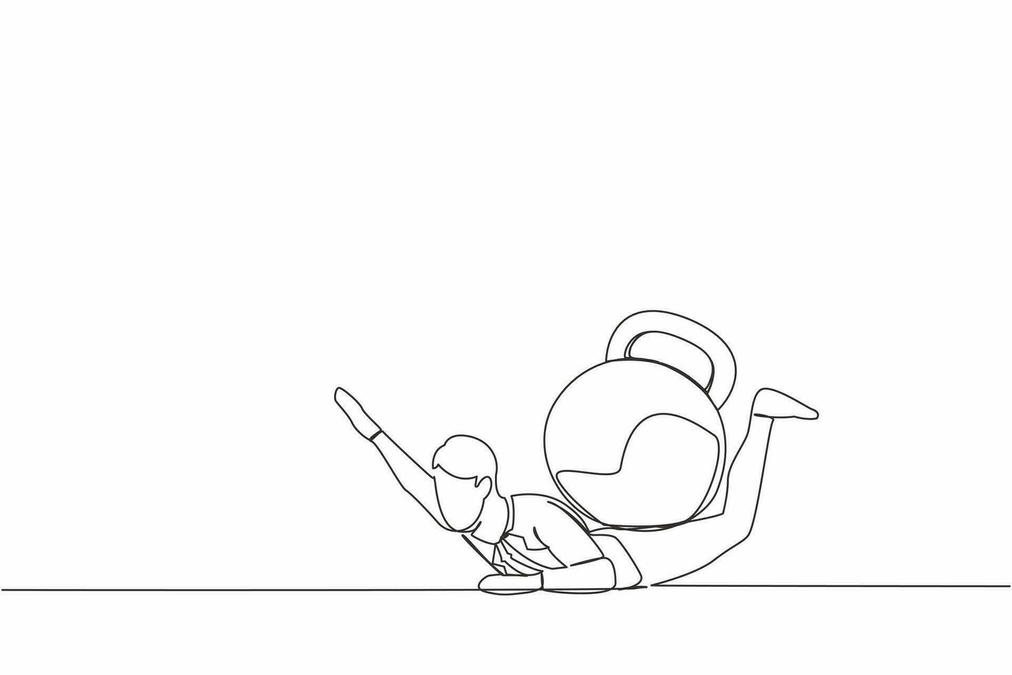 Continuous one line drawing depressed businessman under heavy kettlebell burden. Financial crisis and credit payment. Business, mental stress, bankruptcy, debt. Single line design vector illustration