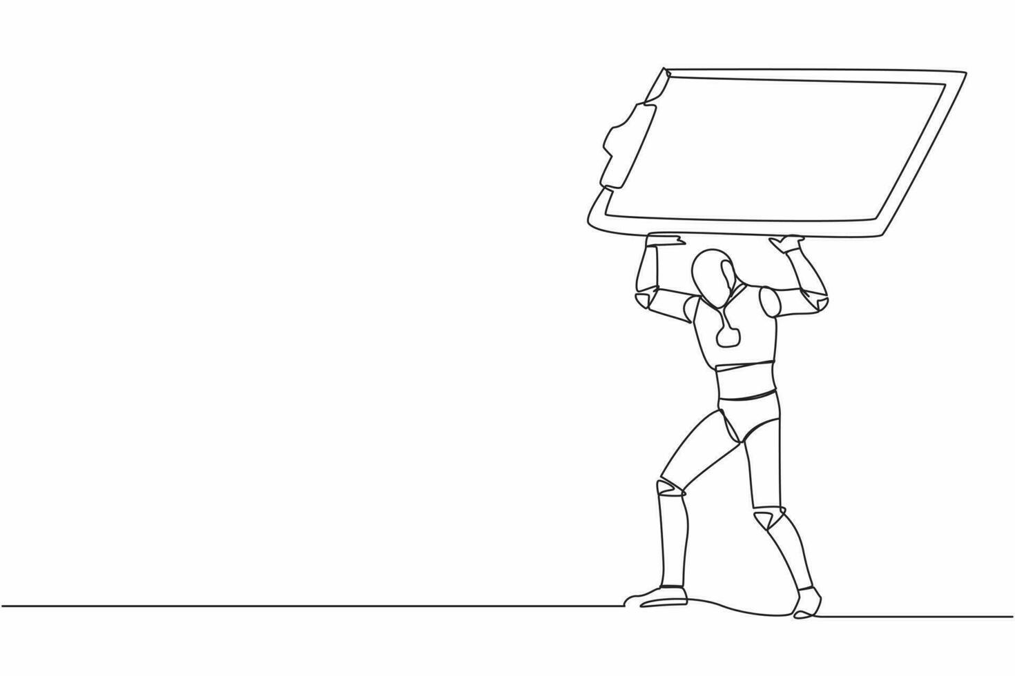 Continuous one line drawing tired robot carrying heavy clipboard on his back. Busy robot with checklist tasks document. Humanoid robot cybernetic organism. Single line draw design vector illustration