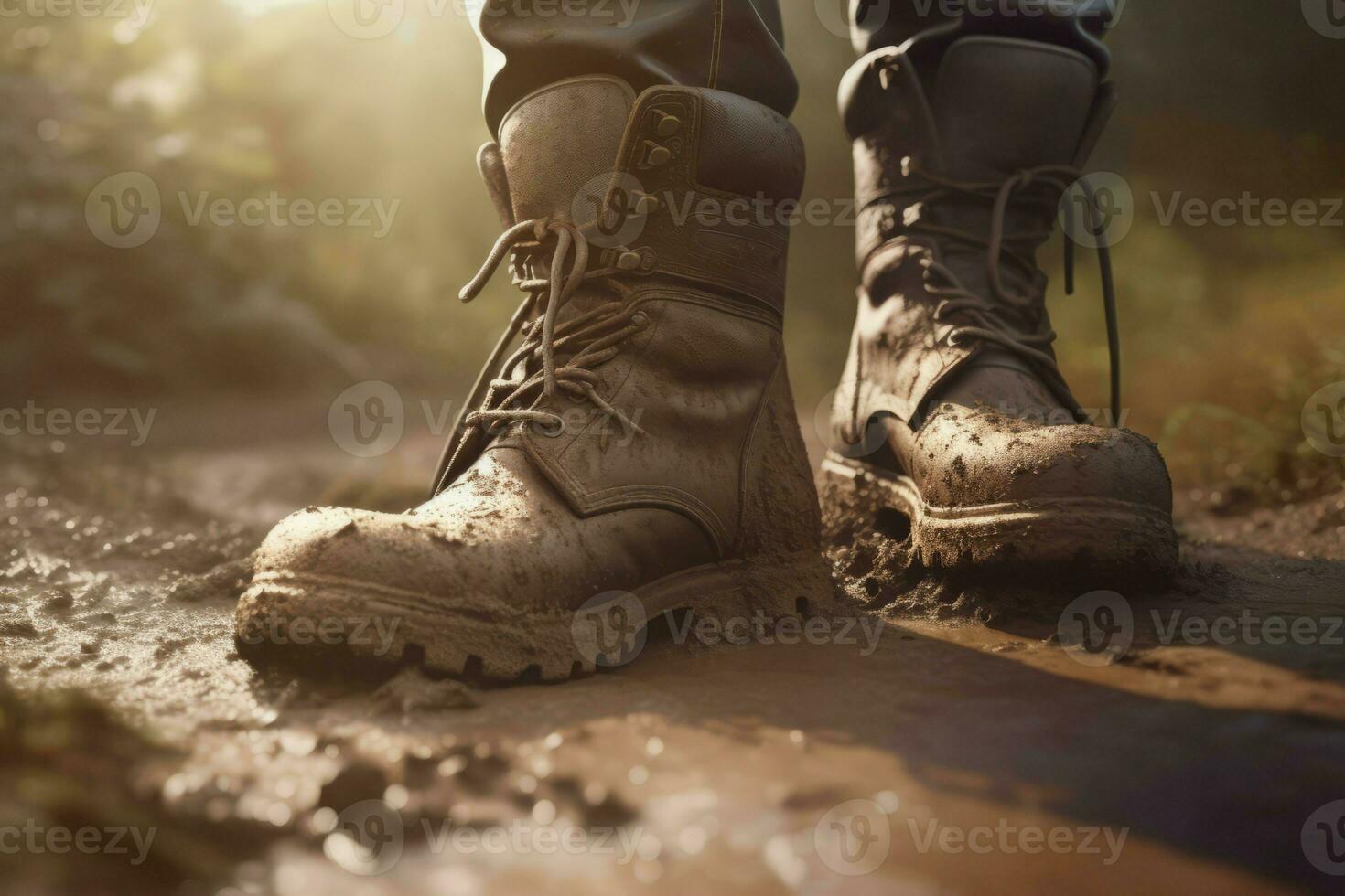 Leather dirty hiking boots walking. Generate Ai photo