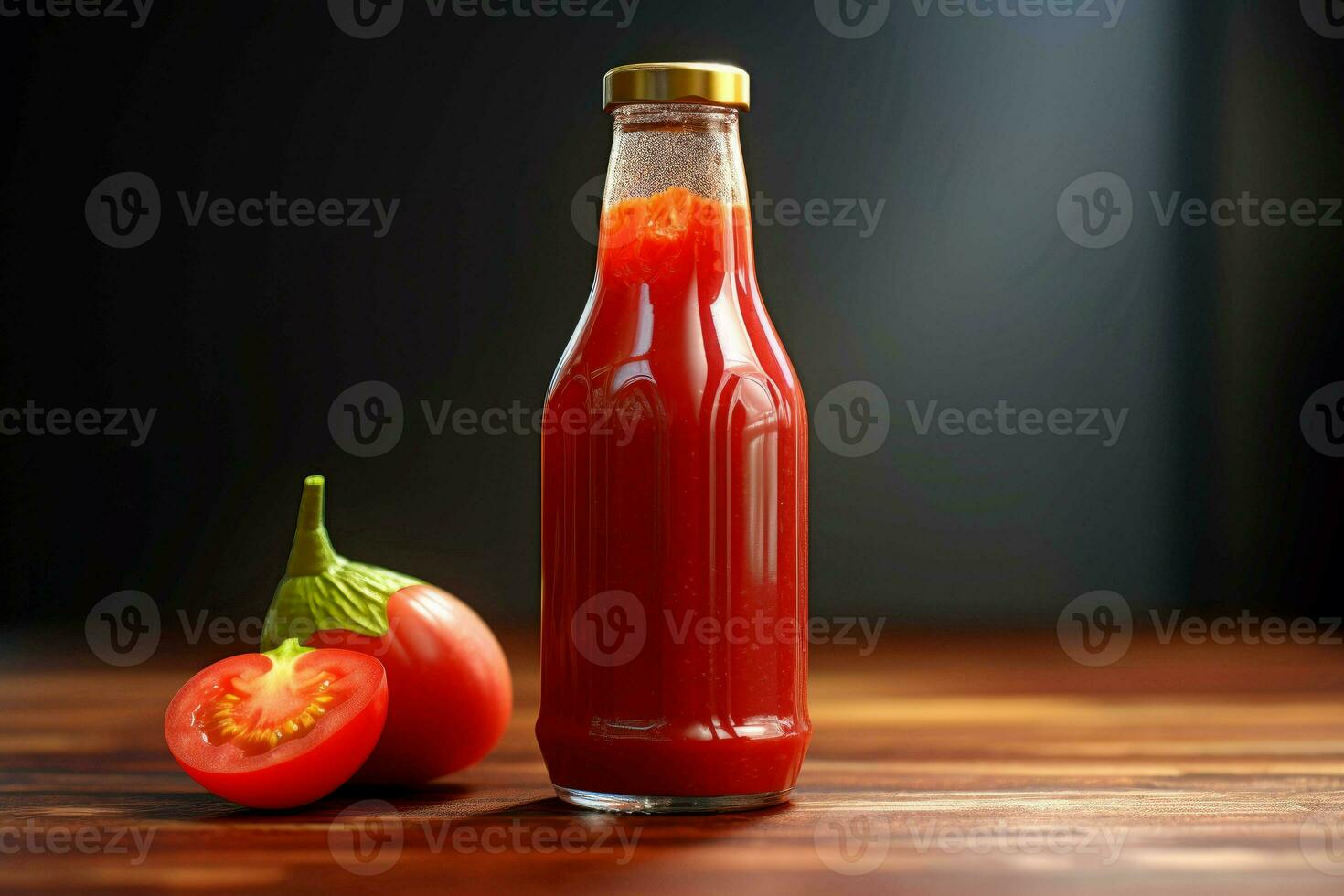 Glossy Glass bottle ketchup. Generate Ai photo