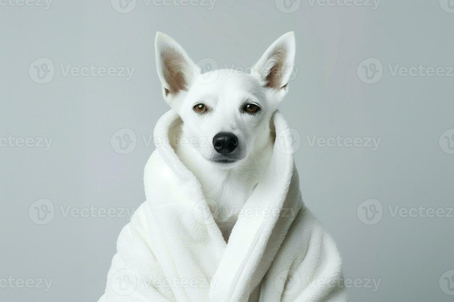elegante perro blanco bata de baño. generar ai foto