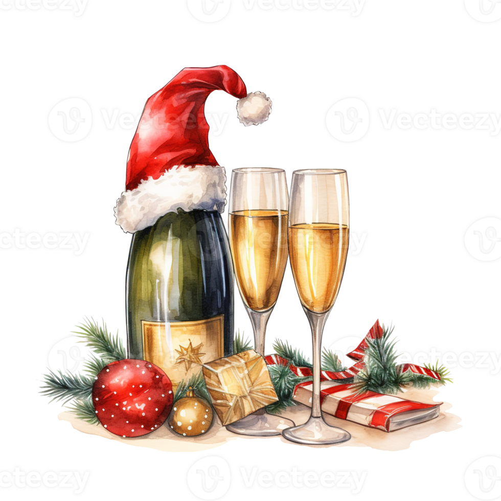 One bottle of Champagne with little Santa Hat on it, two full glasses, New Year's mood, christmas decorations and lights around the bottle and glasses. Illustration isolated on transparent background. png