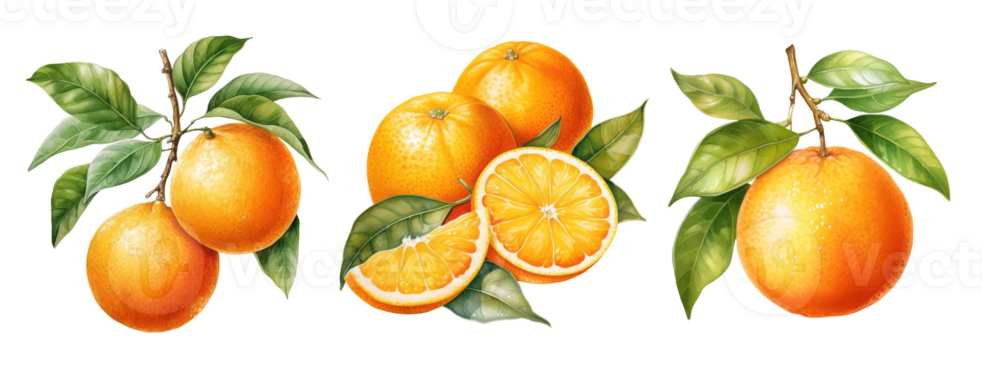 Set of watercolor orange fruit  branches. AI Generative png