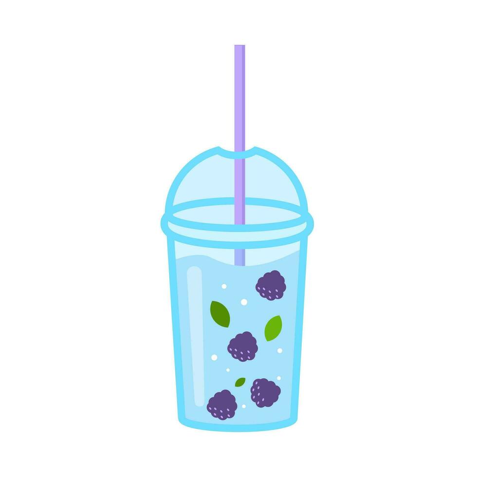 Fruit water with a straw, blackberries and leaves. Disposable cup with straw. Isolated on white background. vector