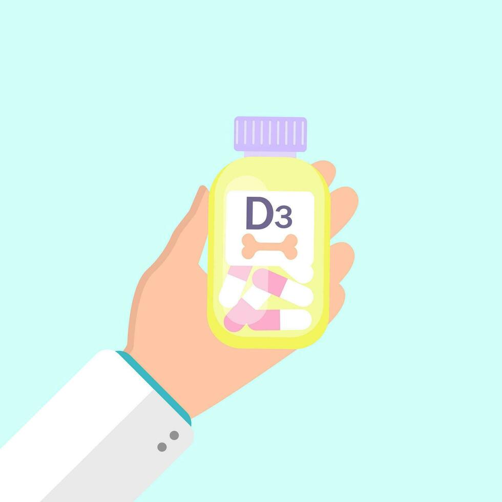 Hand holding vitamin D 3 bottle. Flat vector illustration. Nutrient deficiency. For banner, website.