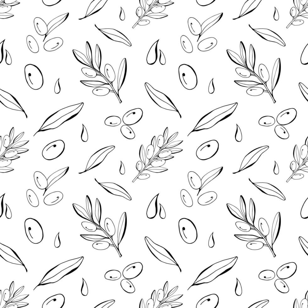 Olive line seamless pattern. Vector branch, sketch fruits, foliage and flower. Graphic monochrome collection. Organic food, oil. For label, border, wrapping paper.