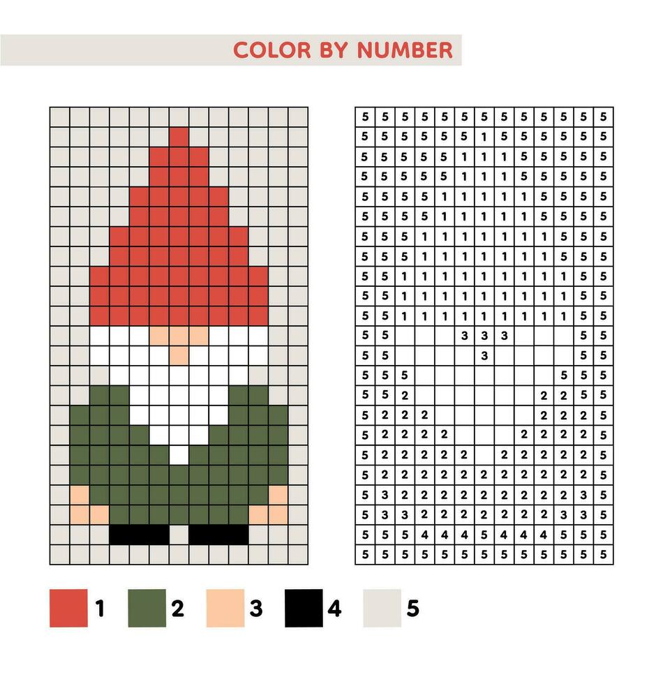 Dwarf, gnome, leprechaun, elf coloring book. Color by number educational game for kids.  vector illustration. Christmas pixel art.