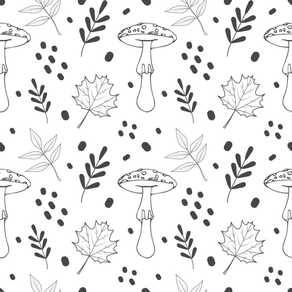 Seamless pattern of poisonous mushrooms. Vector illustration isolated on white background. Fly agaric, toadstool, maple. Different types in the style of line art.