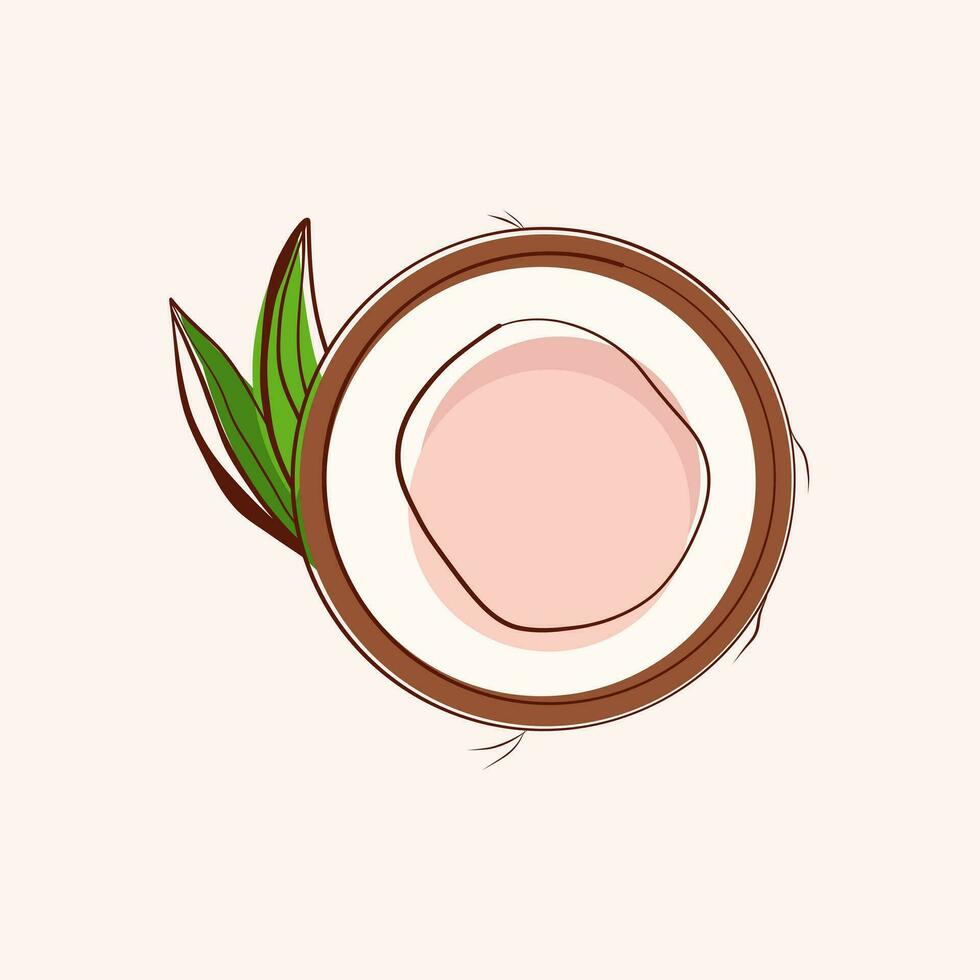 Coconut, half fruit and leaves. Vector illustration cartoon flat icon isolated on pink.