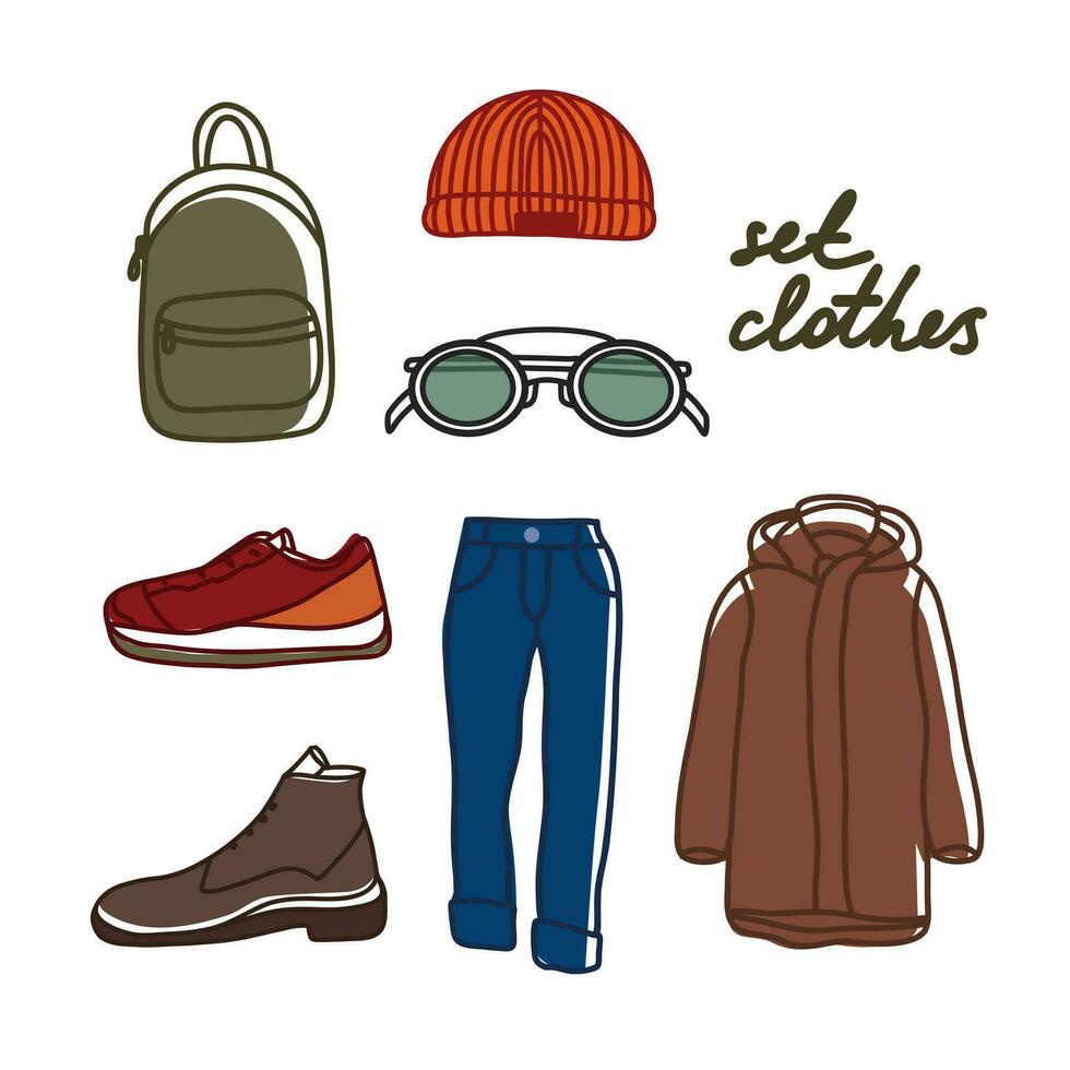 Set of men clothing and accessories. Fashion and style elements. Isolated on white background. vector