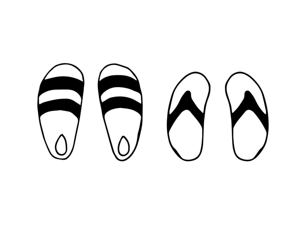 Set of slippers for men and women. Doodle art. illustration with black and white style. Outdoor. Flip flops. vector