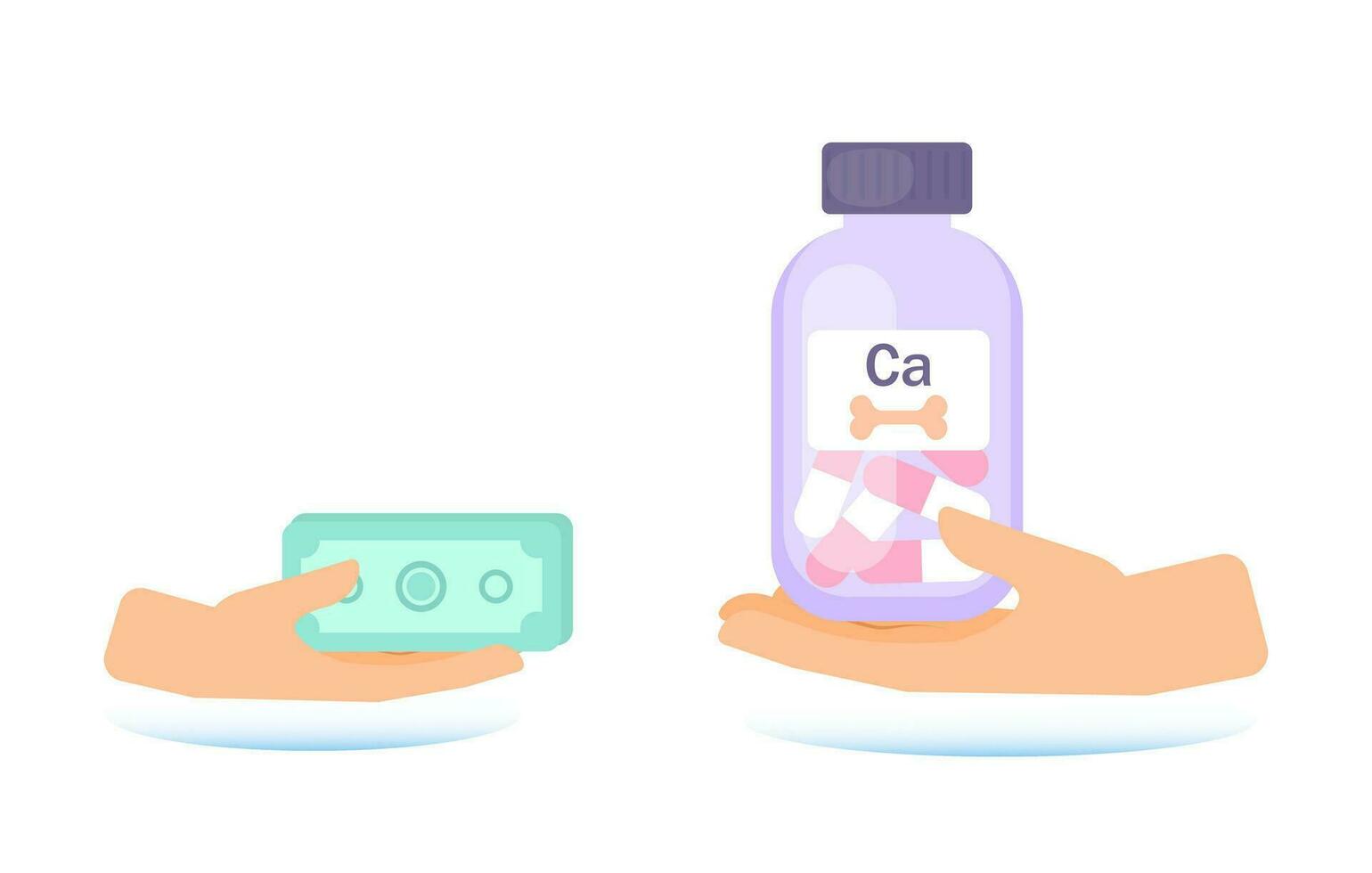 Hand giving money for medicine. Buying medical pills for dollar bills. healthcare. Medicine healthcare concept, Vector illustration for web, mobile app in flat style.  Calcium.