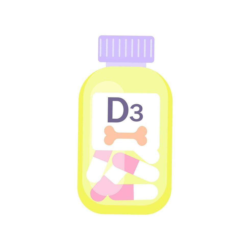 Vitamin D3 bottle. Nutrient deficient.  Flat vector illustration. Medicine dietary, health care concept for banner, website design.
