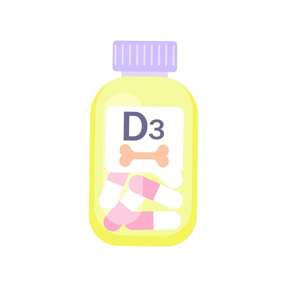 vitamina d3 botella. nutritivo deficiente. plano vector ilustración. medicina dietético, salud cuidado concepto para bandera, sitio web diseño.