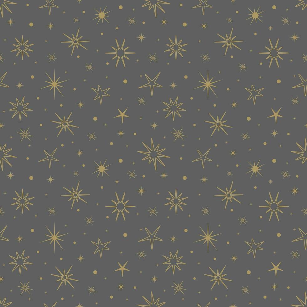 Star seamless pattern, magic celestial night. Golden stars. Bohemian symbols. Vector illustration isolated on gray background.