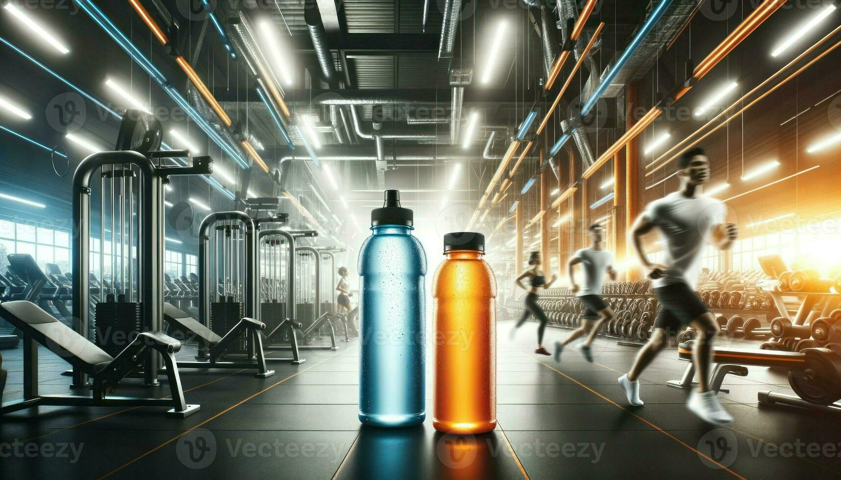 A wide photograph showcasing blank modern sport drink bottles embodying a cool blue and energy orange palette, standing out against the backdrop of a gym. Generative AI photo