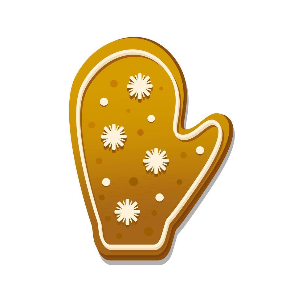 Gingerbread christmas cookie figure. Mitten. Vector illustration isolated on white background. Holiday winter symbol. For greeting card, invitation, design.