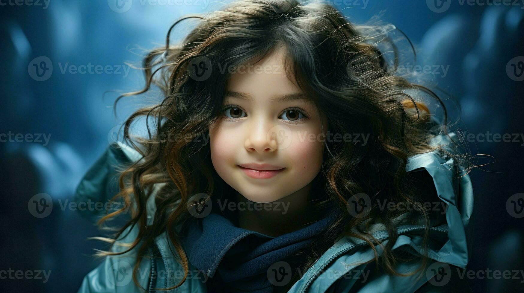 Young girl with wavy brown hair, gazing into the distance.. Generative AI photo