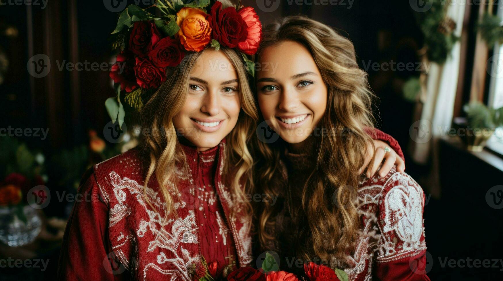 Two young women in festive clothing, one in a crown, smiling at the camera.. Generative AI photo