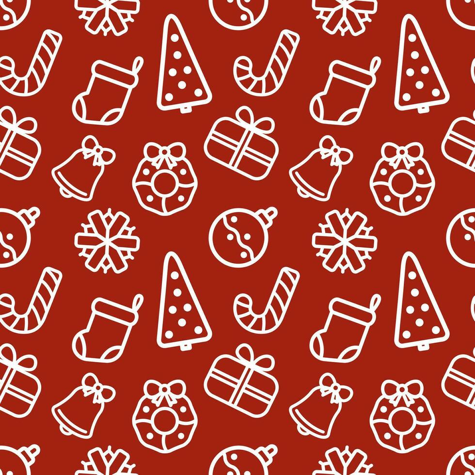 Christmas icons elements. Seamless pattern. Vector illustration on red background.