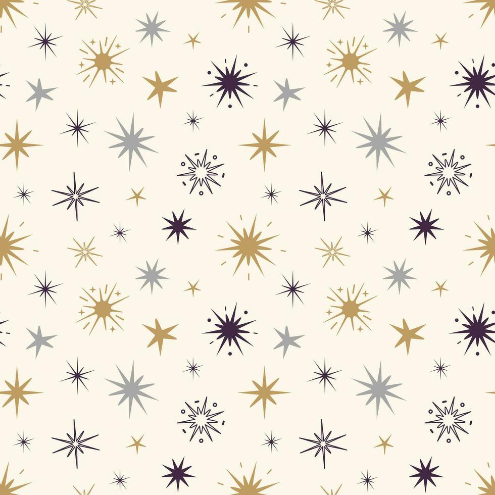 Star seamless pattern, magic celestial night. Golden stars. Bohemian symbols. Vector illustration isolated on light yellow background. Retro.