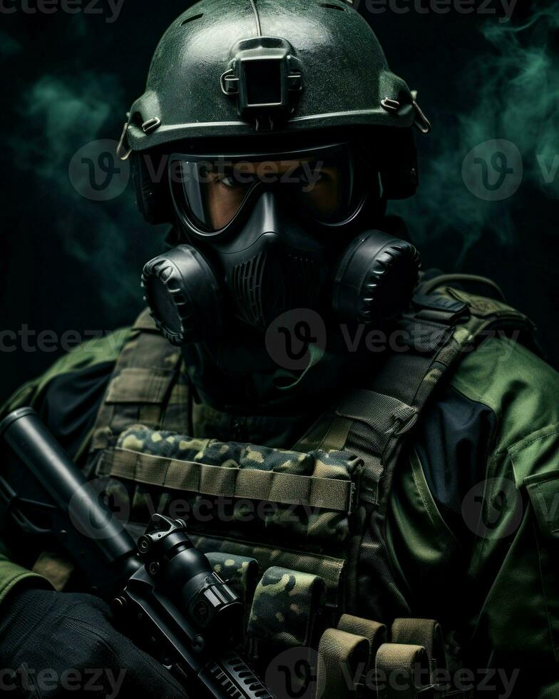 An armed soldier wearing a gas mask. Generative AI photo