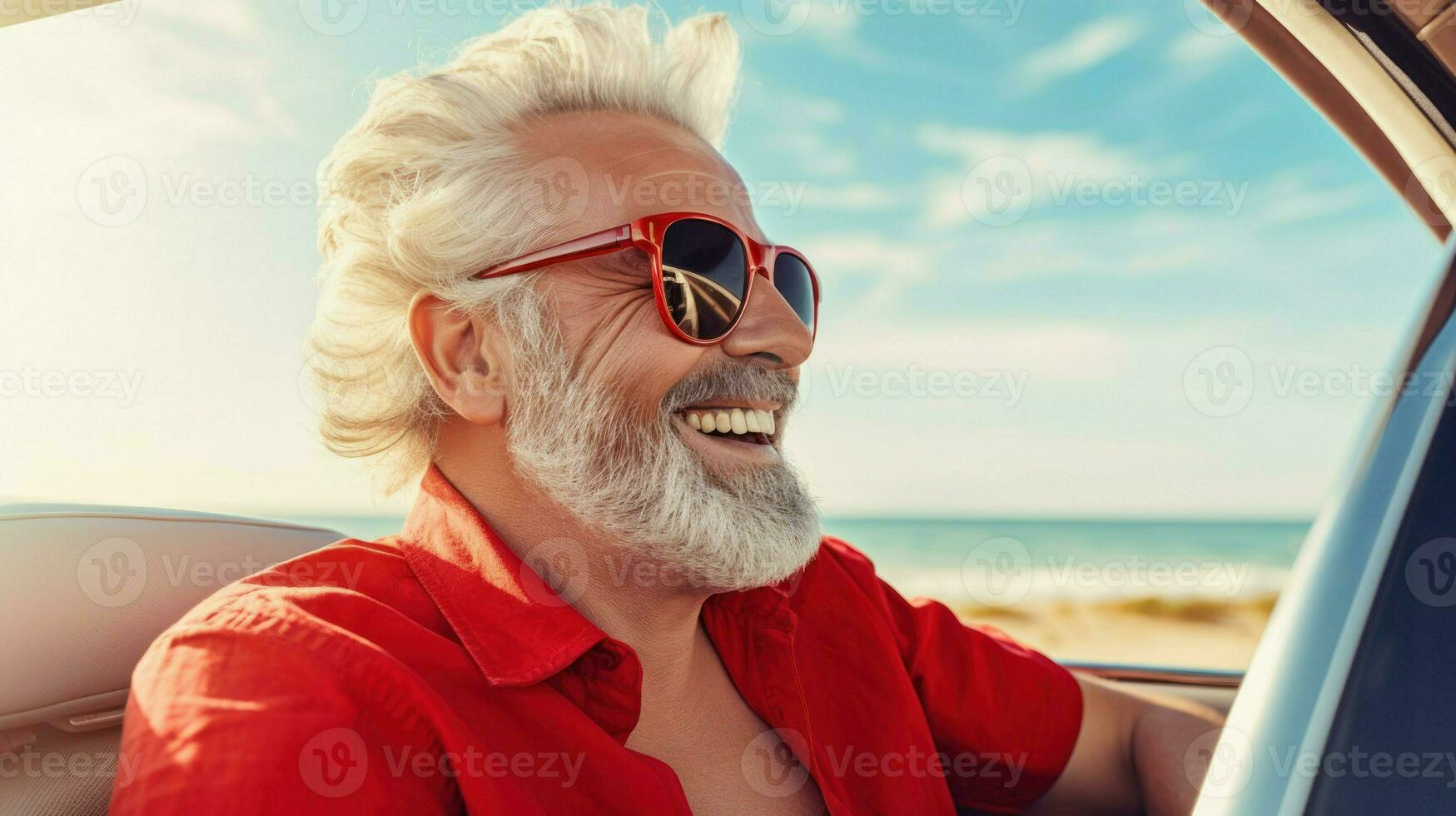 A happy middle-aged man is driving a car on a summer time. Generative AI photo