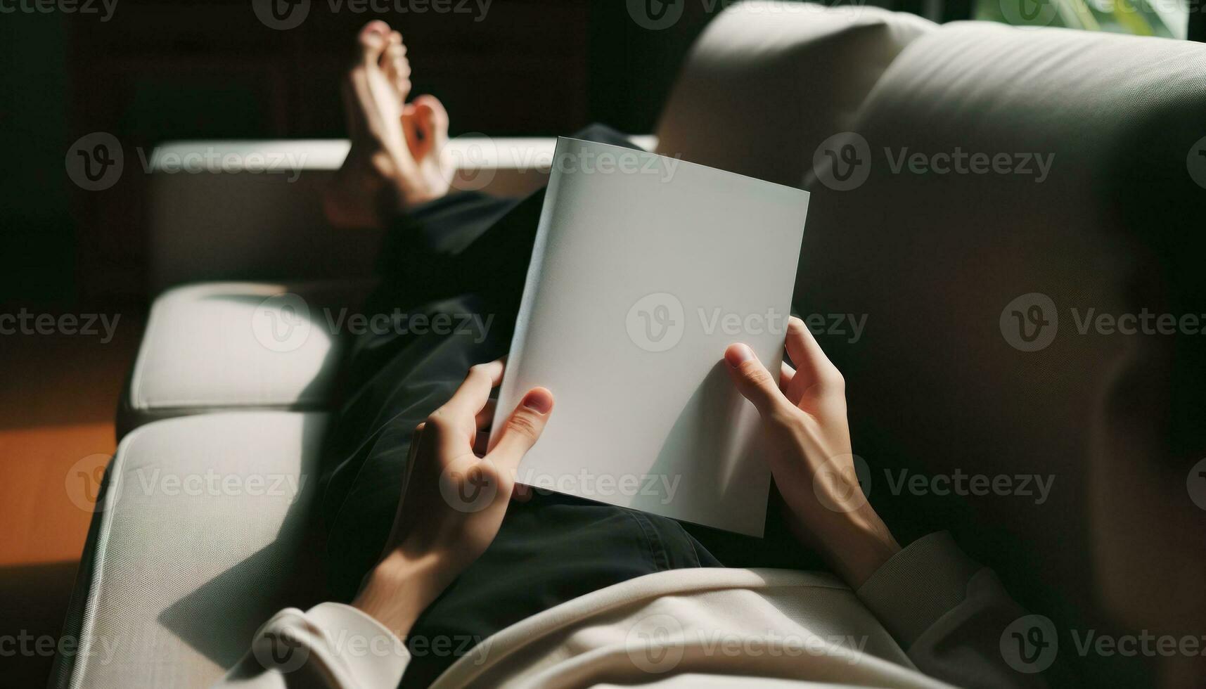 A person lounging on a sofa, flipping through a magazine with a blank cover.. Generative AI photo