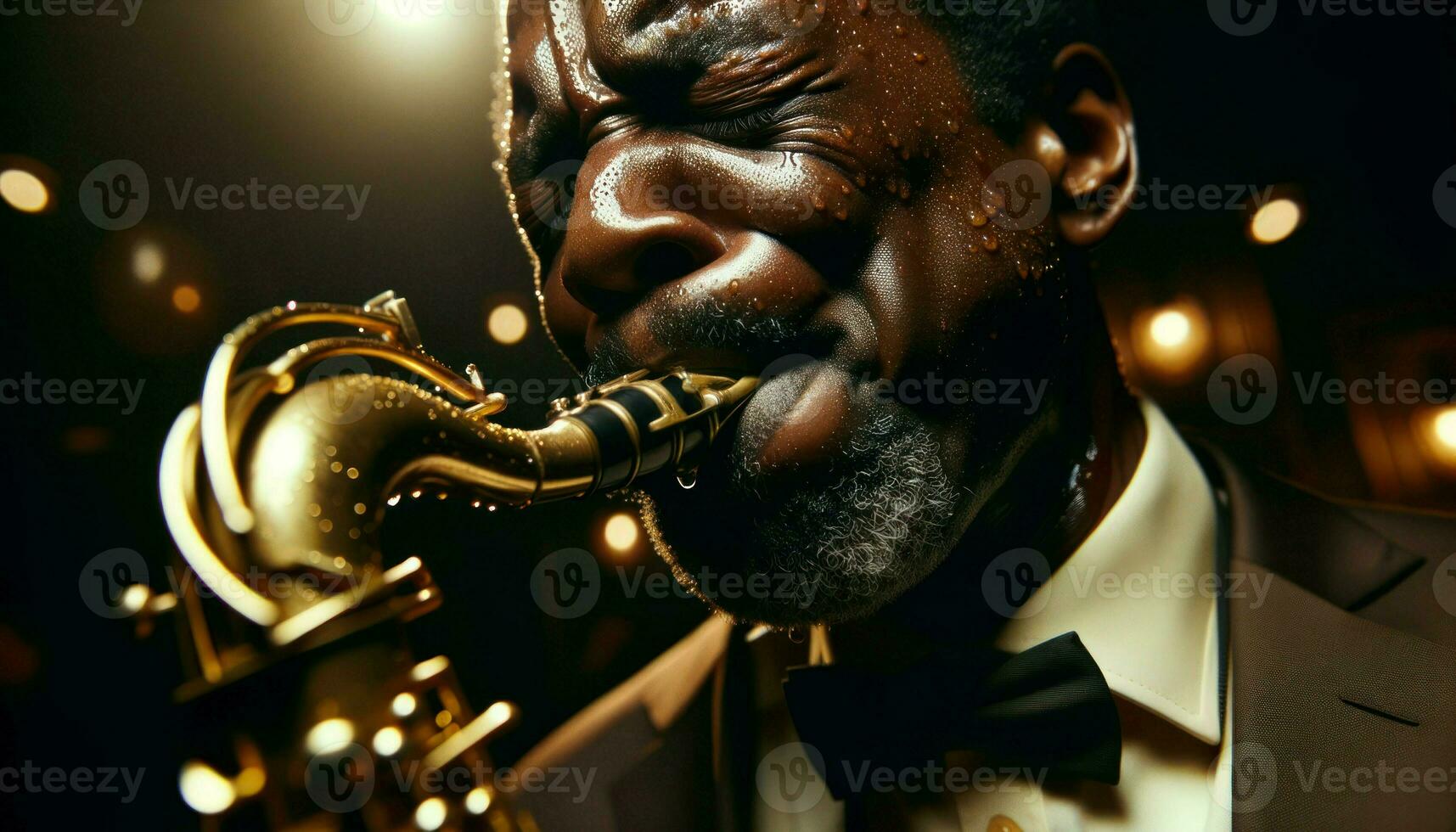 de cerca de un de edad mediana negro hombre apasionadamente jugando un Clásico saxofón, sudor brillante en su frente.. generativo ai foto