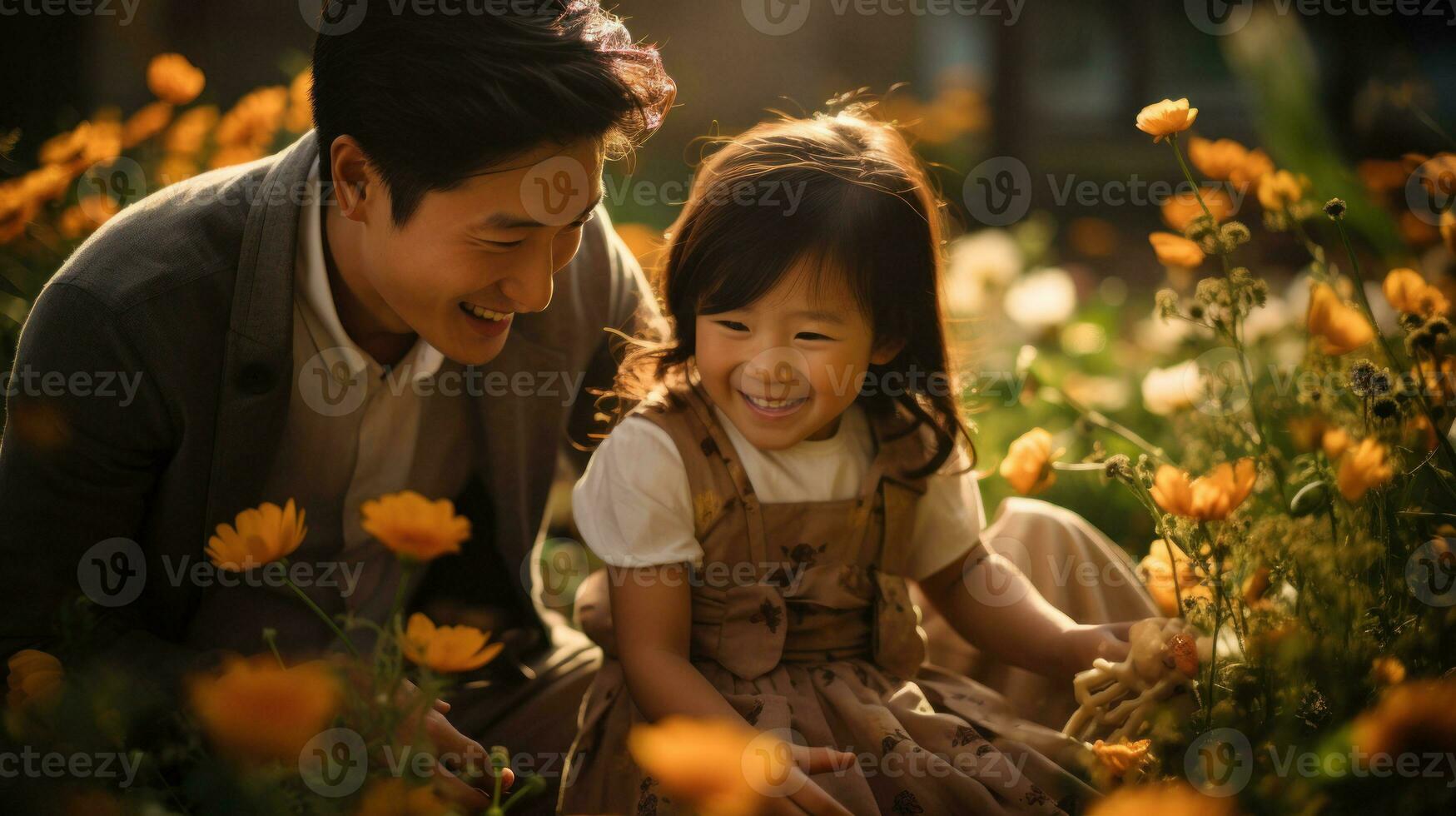 A father and his daughter laugh while playing with flowers.. Generative AI photo