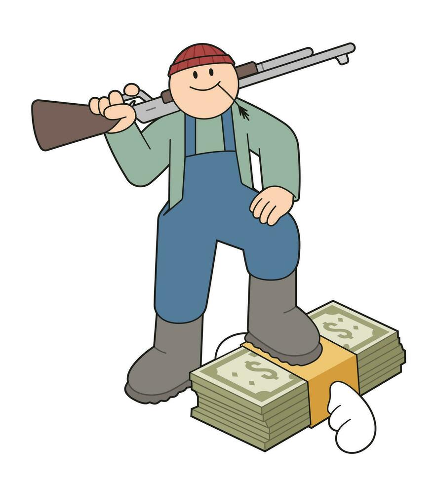 Cartoon hunter with stack of money. Isolated illustration. vector