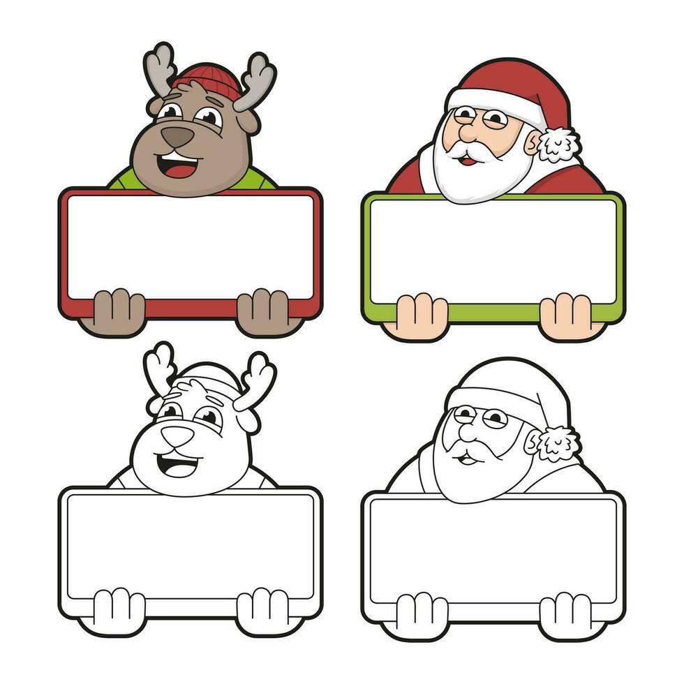 vector ilustración de dibujos animados ciervo y Papa Noel con blanco signo. Nota tarjetas, regalo etiquetas modelo.