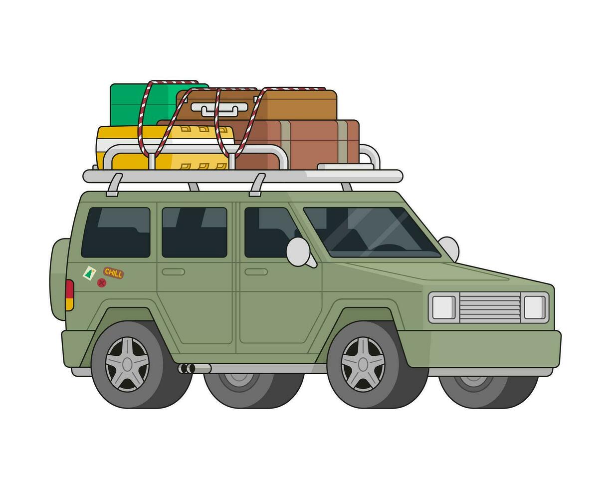 Vector green travel jeep with luggage on the roof.