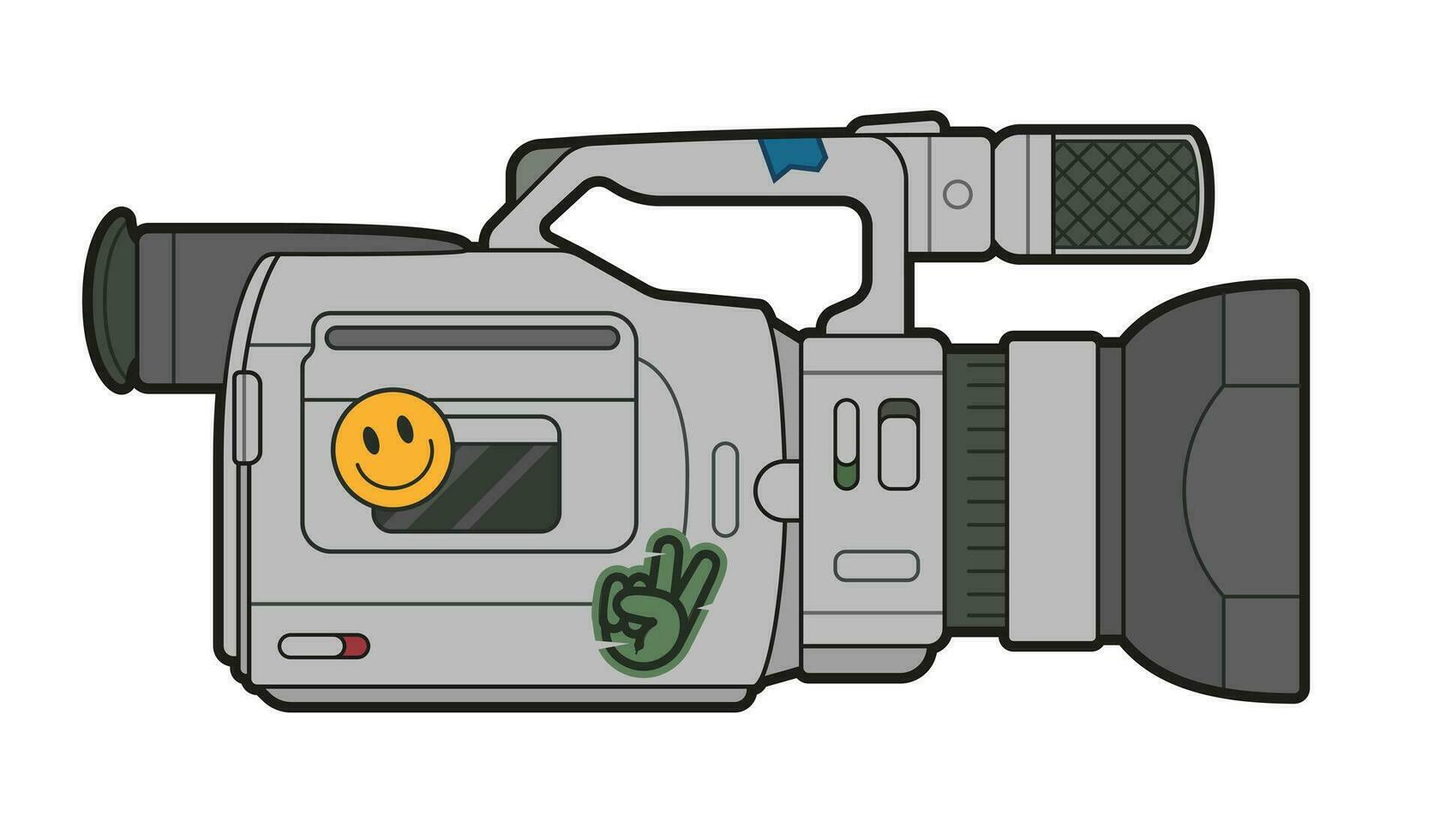 Vector illustration of a old cassete video camera recorder with stickers.
