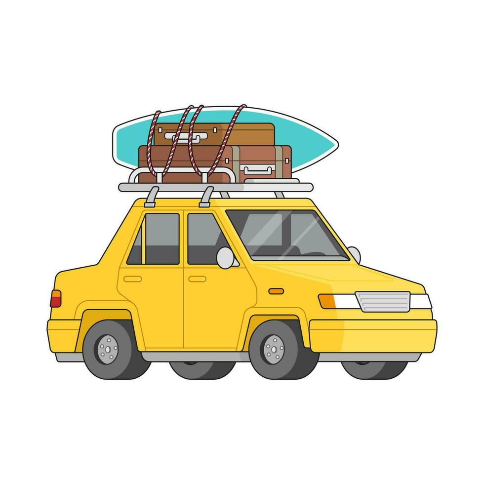 Orange travel car with surfboards and luggage on the roof isolated vector illustration.