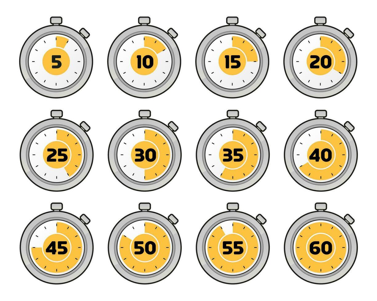 Kitchen timer clock. 1 to 60 minutes countdown symbols. Isolated vector. vector