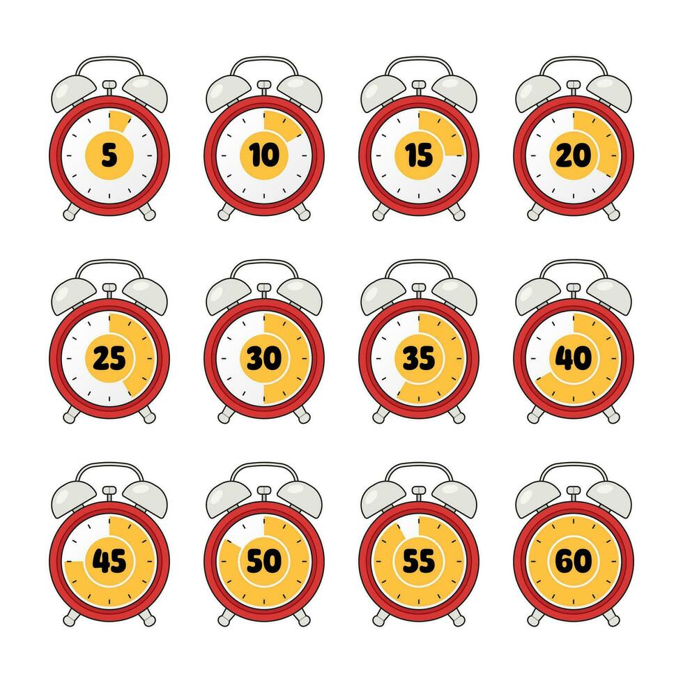 Kitchen timer clock. 1 to 60 minutes countdown symbols. Isolated illustration. vector