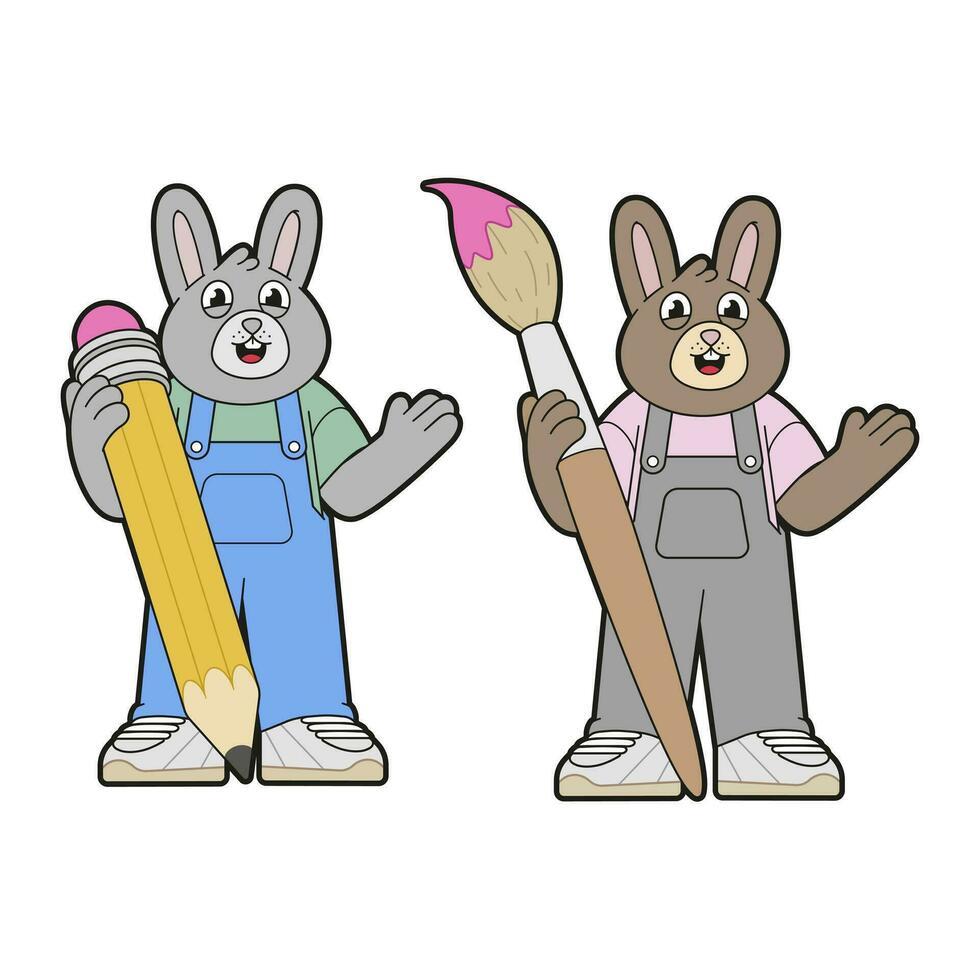 Drawing of a rabbit with pencil and brush. Isolated cartoon vector illustration set.